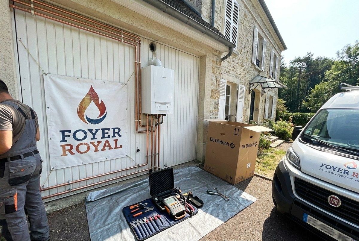Bâche Foyer Royal tendue sur une porte de garage, chaudière neuve raccordée en cuivre et mallette d'outils
