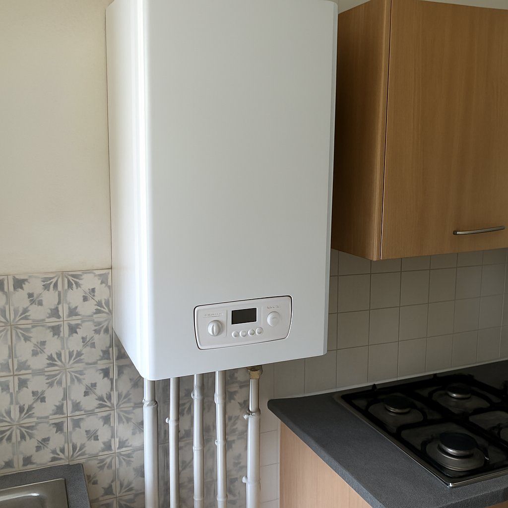 Chaudière murale blanche installée dans une cuisine aux carreaux de ciment