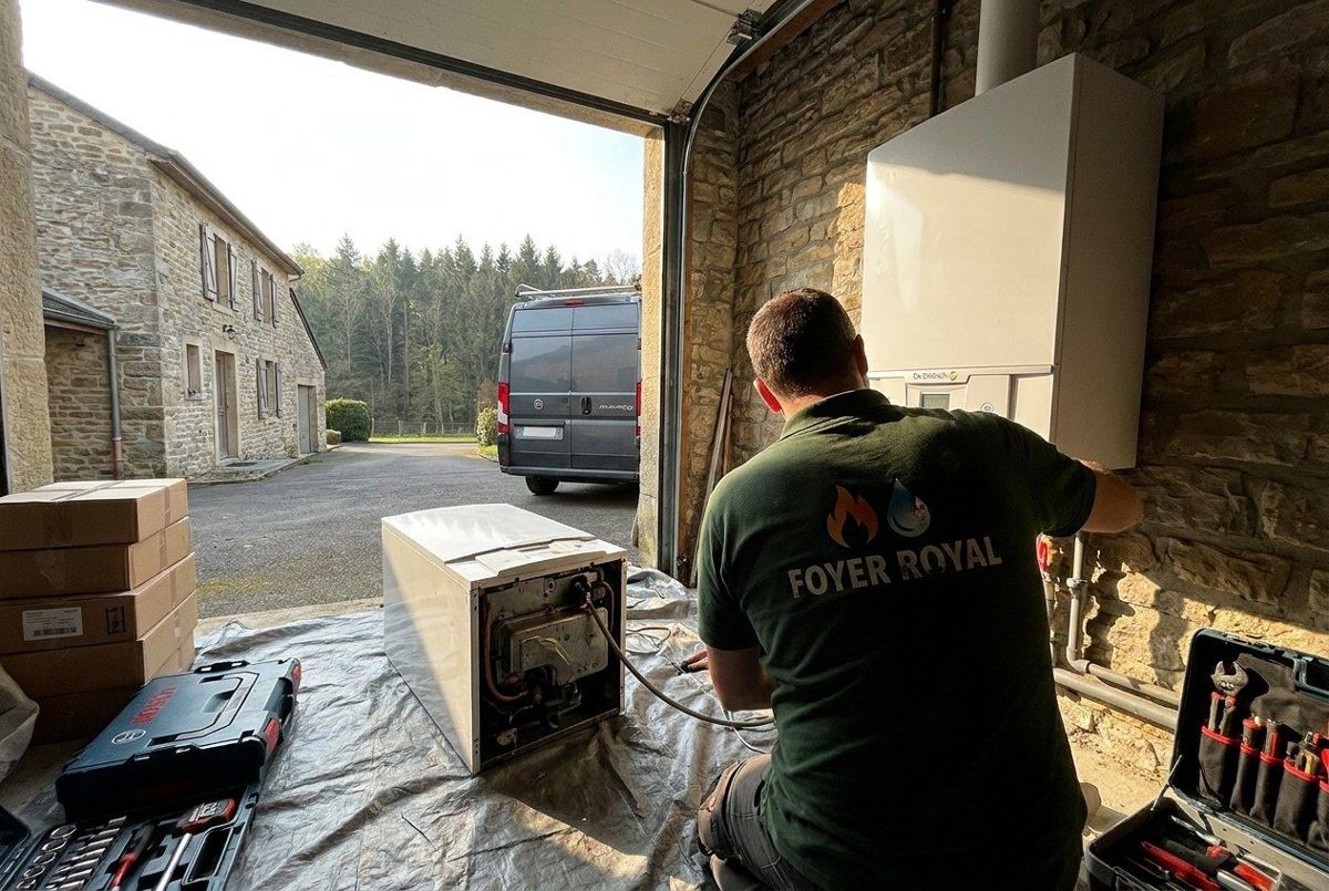 Technicien Foyer Royal de dos fixant une chaudière murale dans un garage aux murs de pierre