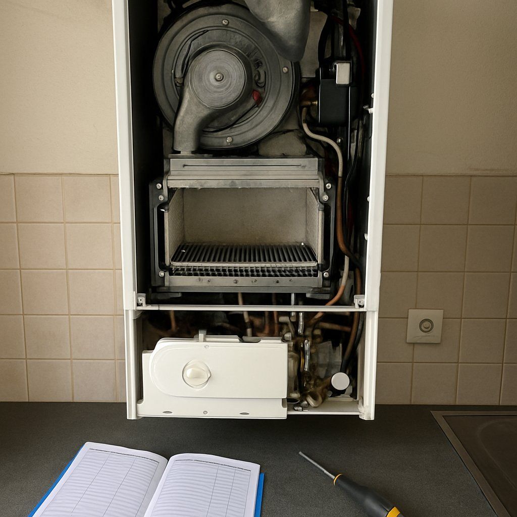 Chaudière murale ouverte montrant ventilateur et chambre de combustion, carnet d'entretien sur le plan de travail